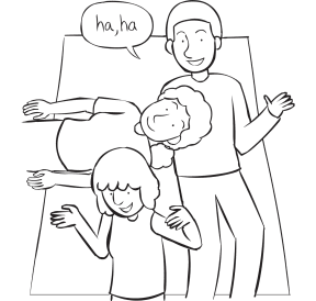 Three people lying with heads on each other's stomachs, playing Don't Laugh at Me game