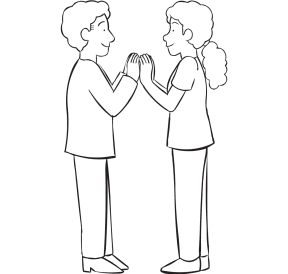 Two people facing each other with palms touching, as starting position for fun partner game called Palm Off
