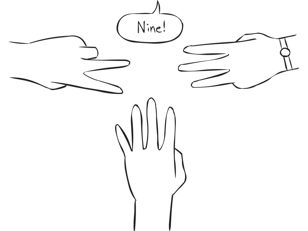 Three hands with outstretched fingers as featured in small group mathematics energiser called 1-2-3-4