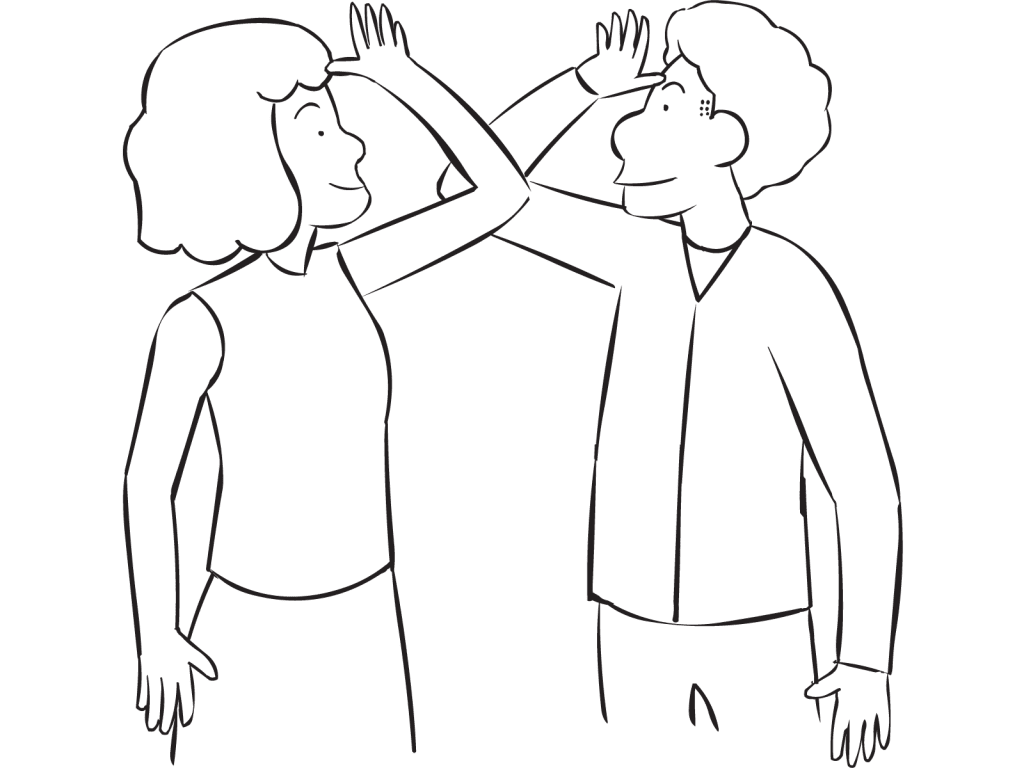 Two people touching elbows as part of fun large group energiser and warm-up called People to People