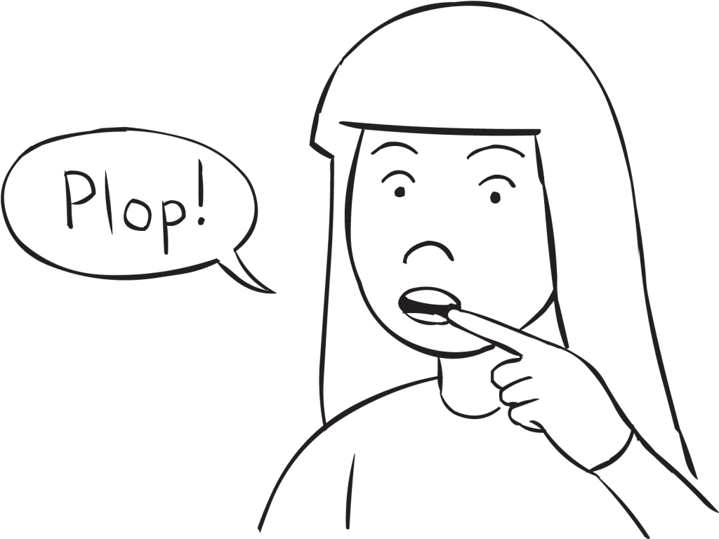 Woman pulling finger from mouth to make plopping sound, as occurs in PDQ group game