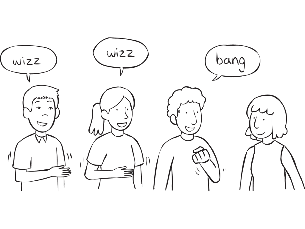 People passing a series of gestures around a circle, as seen in fun group circle game called Wizz Bang