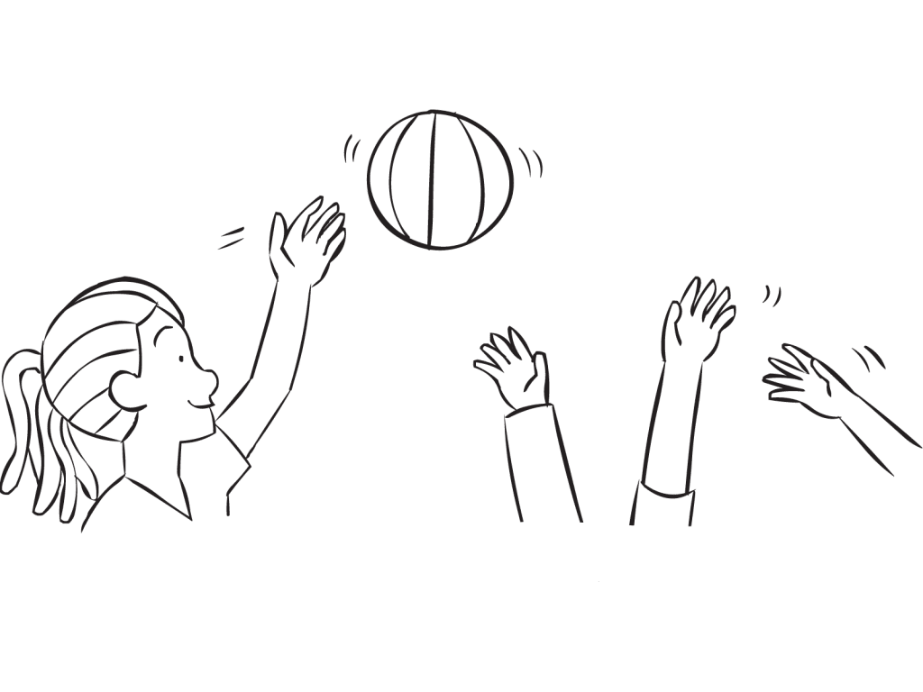 Woman hitting beach ball in air above other hands, as featured in team-building activity Moonball