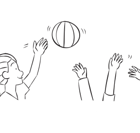 Woman hitting beach ball in air above other hands, as featured in team-building activity Moonball