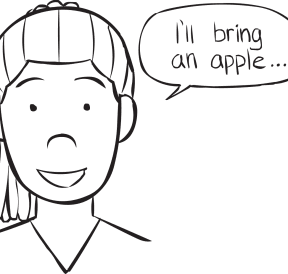 Woman saying that she will being an apple to a party, in group lateral thinking game called Come To My Party game