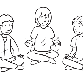Three people sitting in a circle tapping their hands in energiser called Galloping Hands