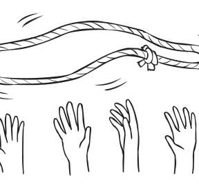 Rope loop thrown in air above hands of group as seen in Pizza Toss