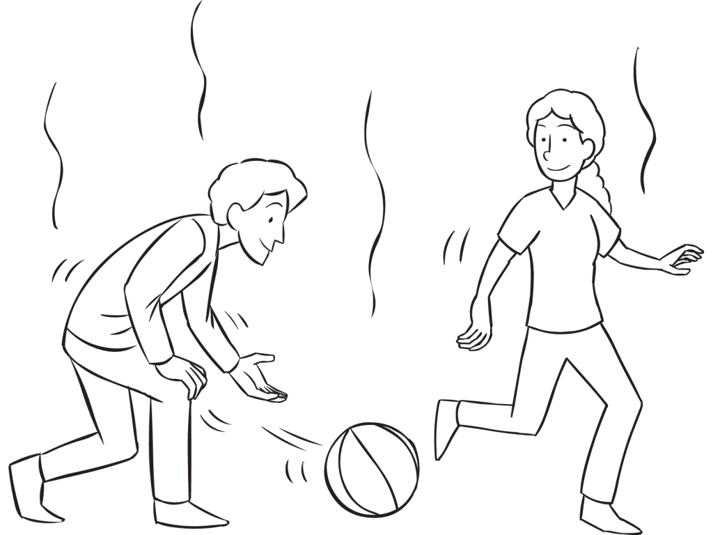 Man hitting ball with open hand towards another person, as seen in fun tag & PE game called Ga-Ga
