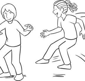 Girl attempting to jump on foot of boy in energetic game called Pretty Darn Quick