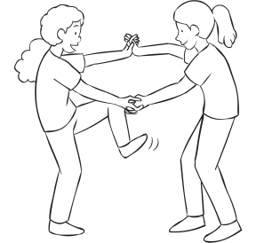 Two women holding hands and attempting to step inside their arms as part of fun energiser Wring-Out Stretch