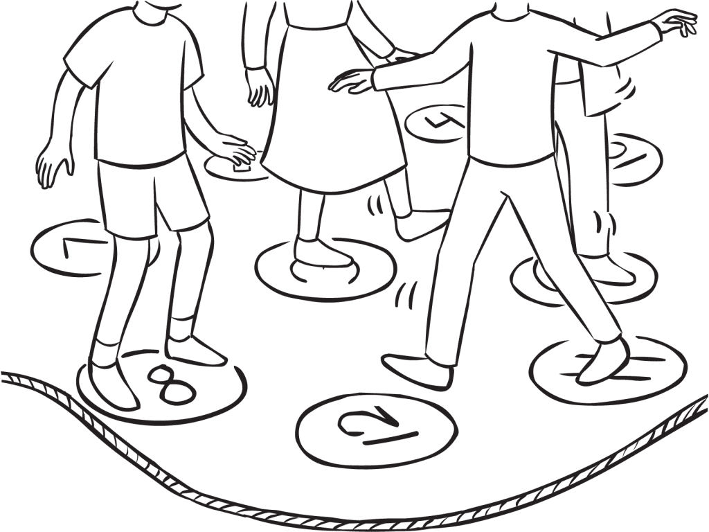 Pressure Cooker group initiative with people stepping on and off numbered spots