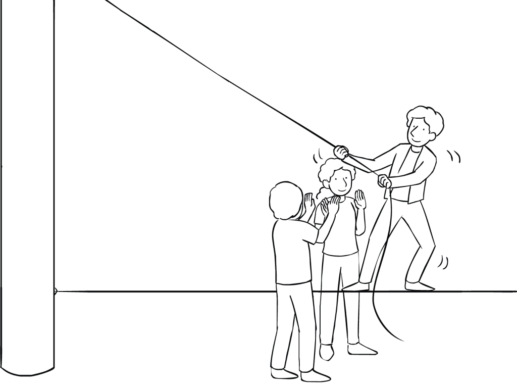 Illustration of man on Tension Traverse challenge course element