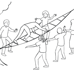 Illustration of group using Fidget Ladder challenge course element