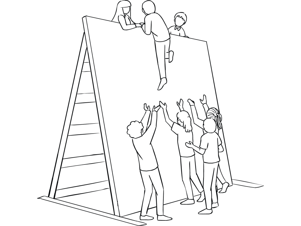 Illustration of group participating in The Wall challenge course element